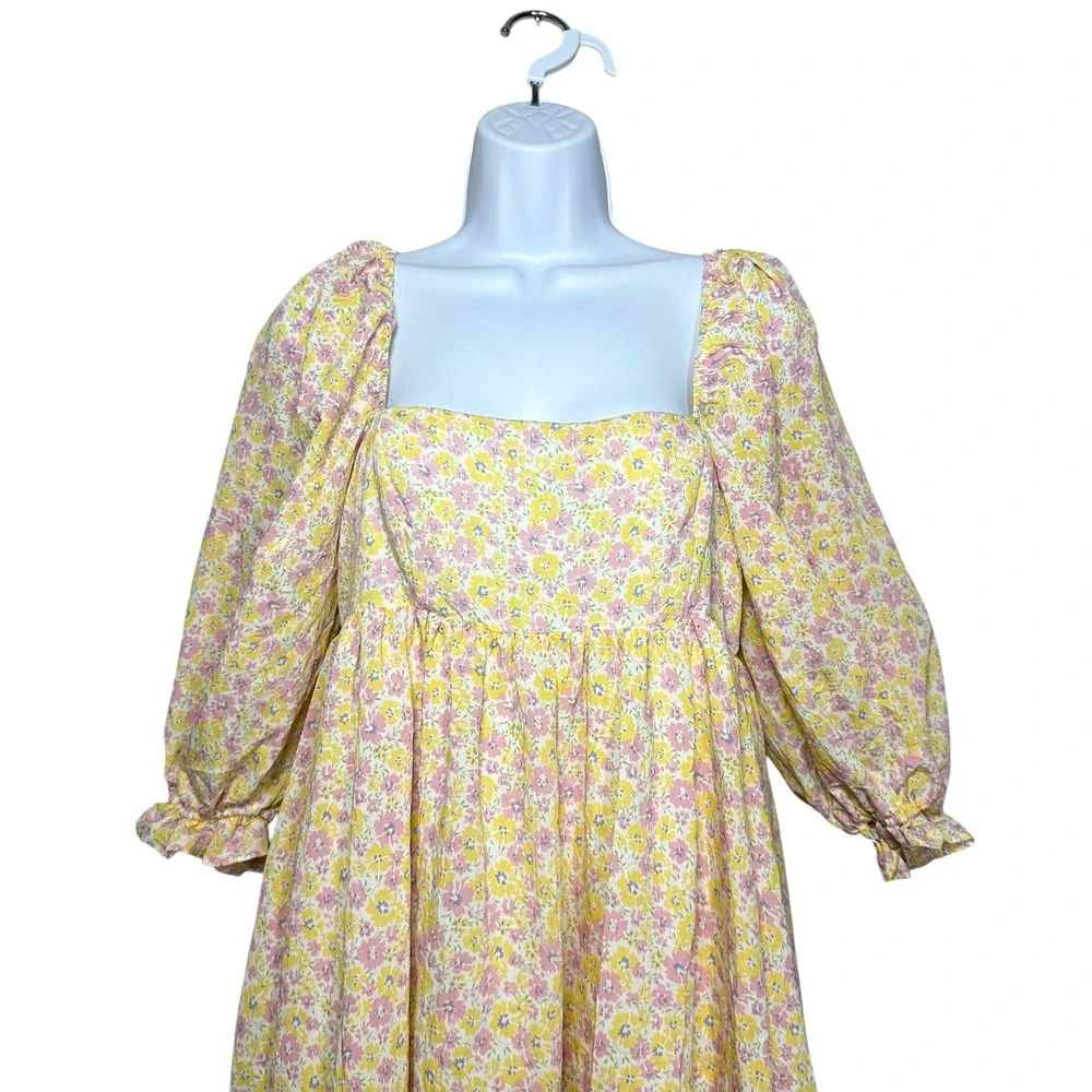 Storia Yellow Floral Puff Sleeve Babydoll Mini Dress M Square Neck Cottagecore - Picture 6 of 12